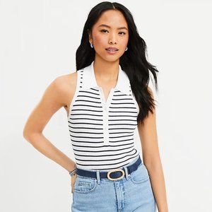 LOFT Striped Polo Sweater Tank, White/Navy, Size XS, NWOT
